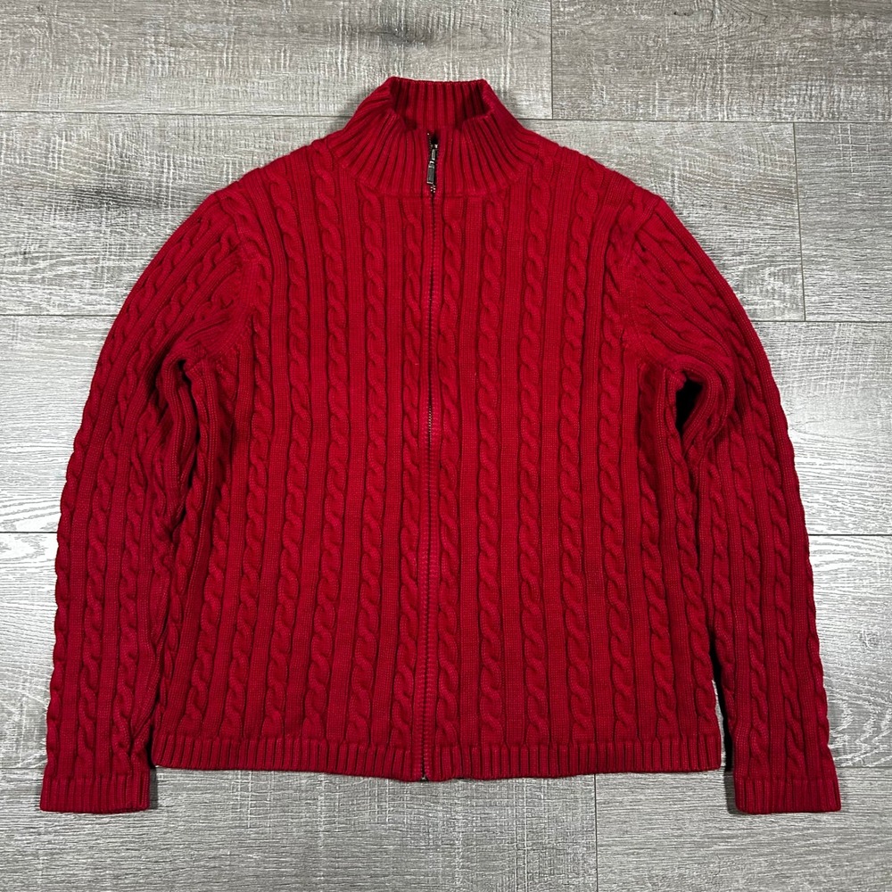 LL Bean Womens Large Red Cable Knit Full Zip Cotton Cardigan Sweater Mock Neck